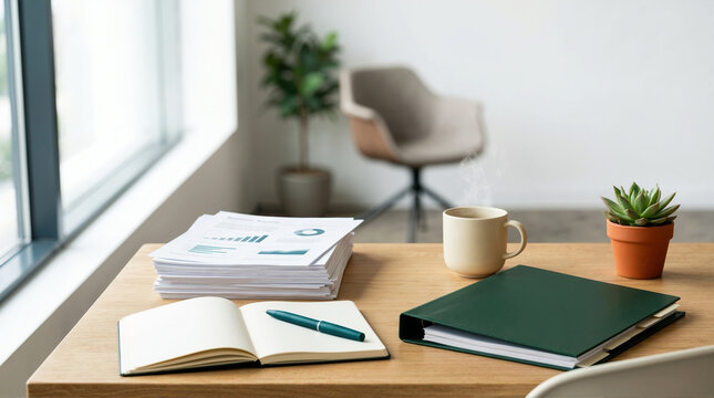 Wooden office desk with financial reports and steaming coffee mug. Close up of corporate workspace with open notebook and data charts