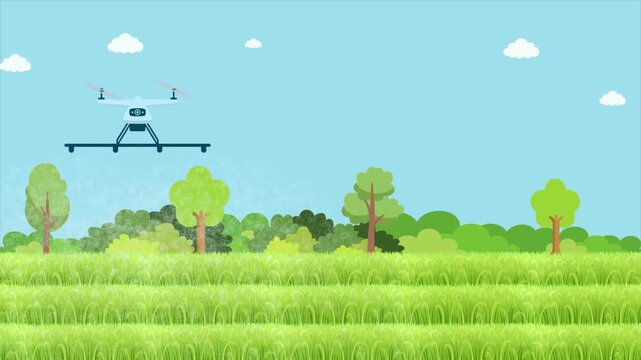 Drone Surveillance for Agriculture with Smart Farming Technology, 2D Animation of Drone watering Crops, Data Transmission, and Eco-Friendly Farming Automation