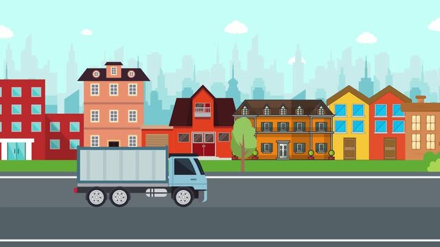 2D flat style illustration of a delivery truck driving along a city road with tall buildings, sky, and urban background. Perfect for concepts of delivery service, logistics, fast shipping, ecommerce