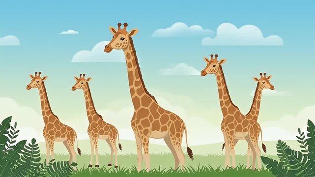 Giraffes in the wild stand on grassy plain with blue sky and white cloud background