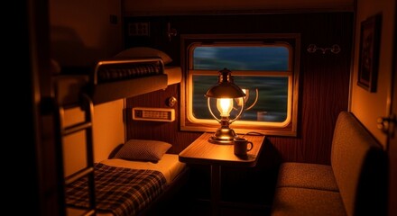 Fototapeta premium Intérieur confortable d'un compartiment de train avec un éclairage chaleureux et une vue panoramique par la fenêtre