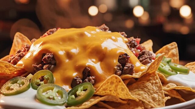 Loaded Nachos With Melted Cheese And Jalapenos Cinematic Fast Food Close Up Slow Motion 4k Gourmet Snack Video