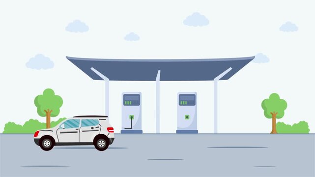 Electric Vehicle Charging Station Animation, EV Charging Process 2D Motion Graphic, Smart City E-Mobility Infographic, Sustainable Energy Flat Design, Battery Charging Loopable Animation