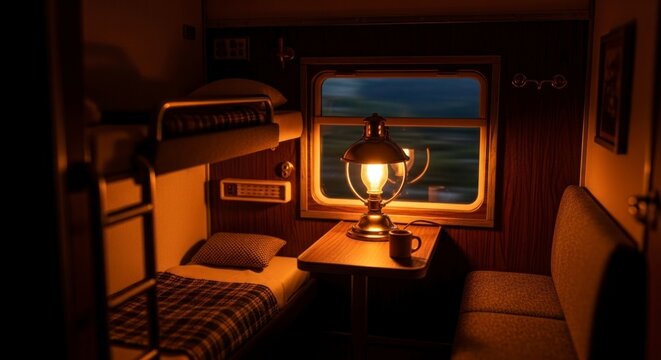 Int&eacute;rieur confortable d'un compartiment de train avec un &eacute;clairage chaleureux et une vue panoramique par la fen&ecirc;tre
