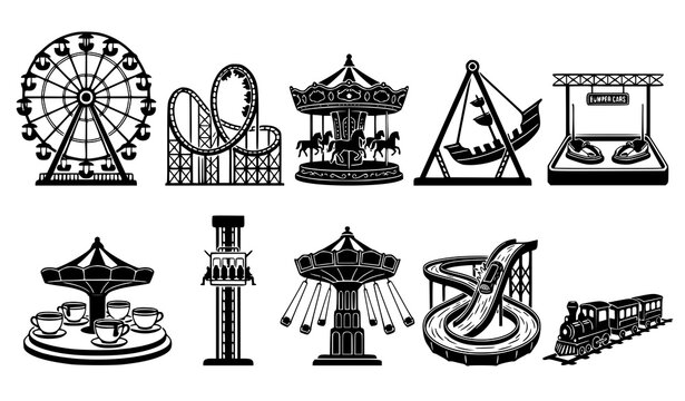 Black and White Amusement Park Vector Icons with Classic Carnival Ride Designs