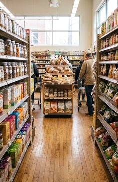 Blick durch den Gang eines gut sortierten Supermarktes mit Kunden