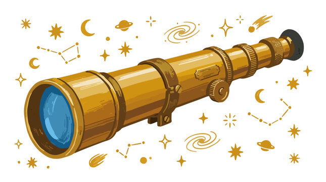 antique brass telescope with celestial stars and moon doodles vector illustration