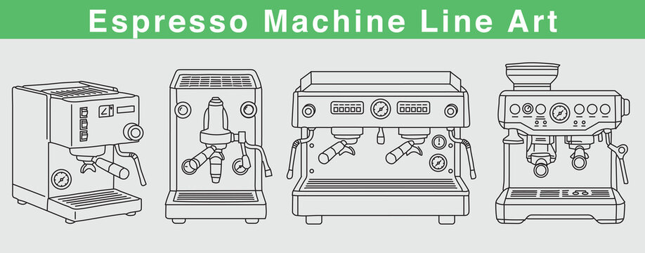 Espresso Machine Line Art Vector Illustration of Modern Coffee Maker Outline Design with Minimal Barista Equipment and Editable Stroke Style