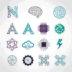 Fototapeta premium Set of modern digital technology icons and circuit board style design elements.
