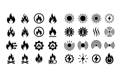 set of black and white icons of fire © vector design 