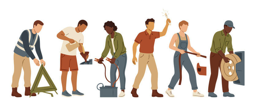 Car Mechanic Team Repair Service, Auto Repair Workshop Workers Performing Vehicle Maintenance Tasks, Changing Tires, Refilling Oil, Jump Starting Engine, Flat Illustration Character Set Concept Design