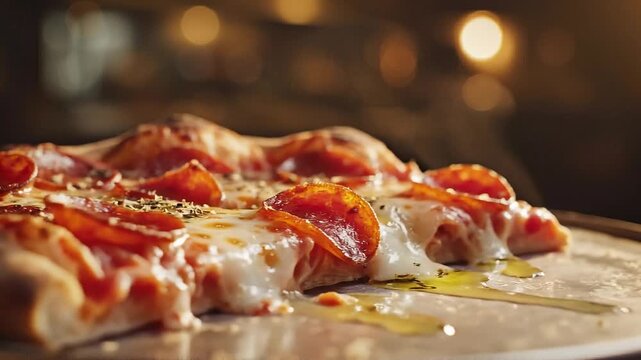 Cheesy Pepperoni Pizza Slice With Melted Cheese Cinematic Close Up Slow Motion 4k Fast Food Video In Restaurant Style