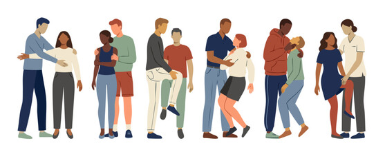 Fototapeta premium Diverse Couples Intimacy Collection Flat Illustration Set, Various Romantic Human Poses and Bonding Affectionate Connections, Modern Trendy Graphic Character Design for Relationships and Social Lifest