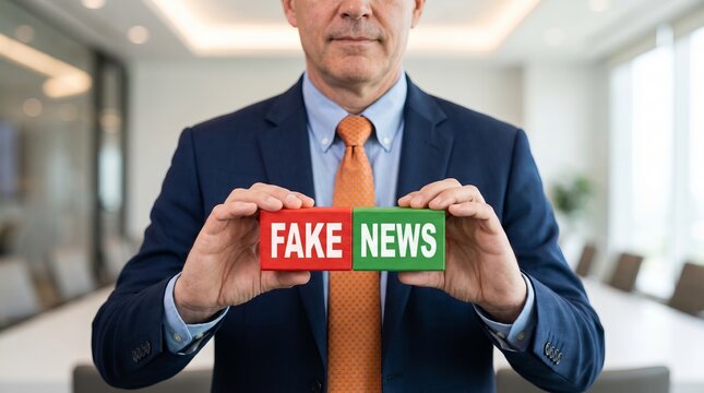 Businessman holds red and green blocks displaying "fake news" text, promoting media literacy and truthfulness