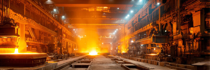 Fototapeta premium Molten steel pours from a blast furnace into a casting channel inside a steel plant. The scene shows intense heat and orange color from the flowing metal late in the day