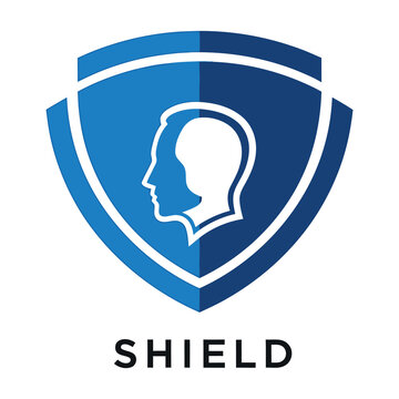 Blue shield icon with white human head silhouette  security symbol icon