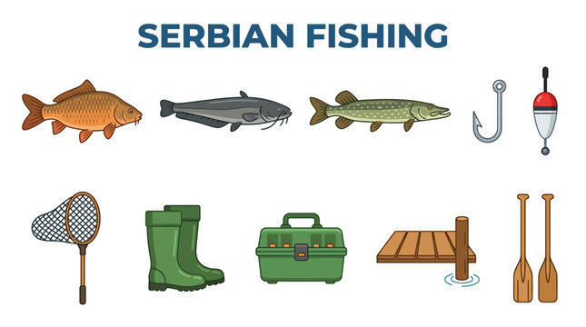 Serbian Fishing Equipment and Fish Collection Vector Illustration.