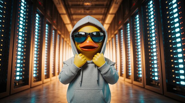 Yellow rubber duck wearing light gray hoodie and black reflective sunglasses stand in the center of a futuristic data center server room surrounded by neon lights.