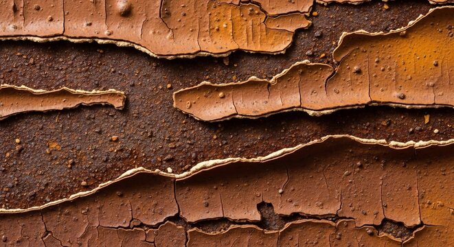 Close-up of Cracked and Peeling Brown Paint Texture Background.