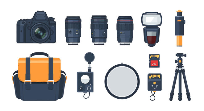 Set of Professional Photography Equipment and Camera Accessories.