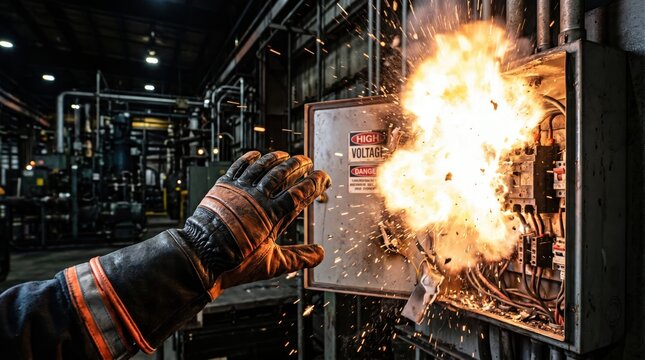 Arc Flash Explosion From High Voltage Electrical Panel In Industrial Facility