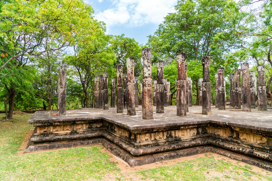 Pillars of ancient temple Alahana Pirivena , Pollonaruwa, Sri Lanka