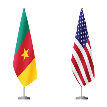 Cameroon and United States flags on flagpoles for official ceremonies and meetings, transparent background vector