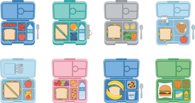 Colorful lunch boxes with different food items inside Vector