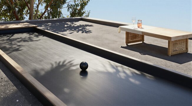 Black boule on long narrow outdoor bocce court beside bench