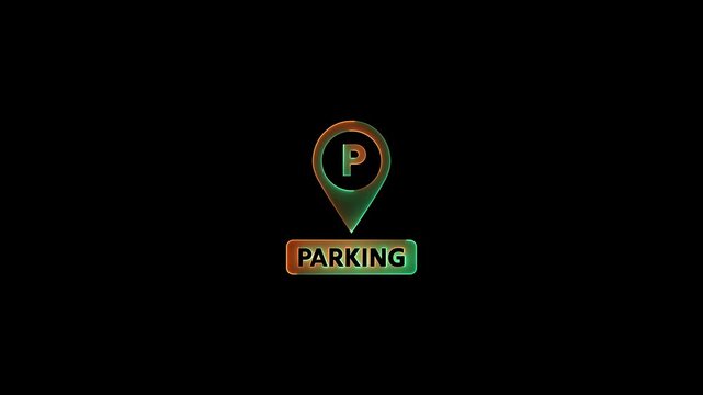 Neon glowing Parking Icon Pin Marker video animation on black background. Parking location, icon of parking location animation. Neon car, cycle, truck, motorcycle, zeep parking sign video animation.