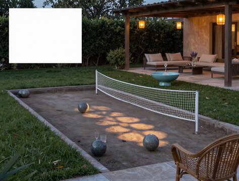 Backyard bocce court with net and seating by patio