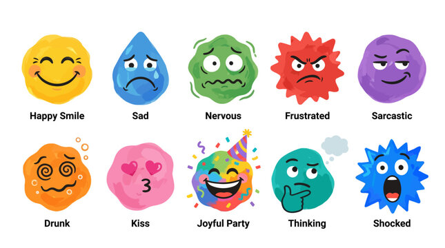 A vibrant collection of ten cartoon blobs with distinct facial expressions representing various human emotions and moods.