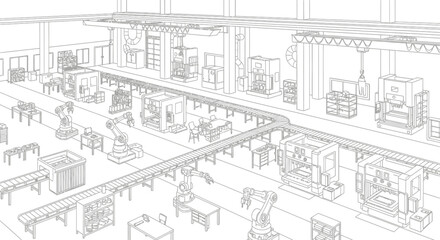 Obraz premium Automated factory production line with robotic arms and machinery.