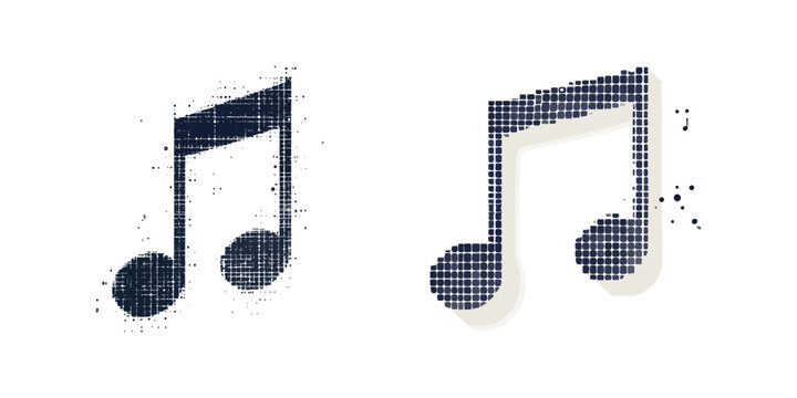 Musical notes made of small squares on white background