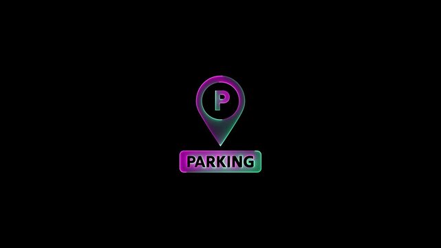Neon glowing Parking Icon Pin Marker video animation on black background. Parking location, icon of parking location animation. Neon car, cycle, truck, motorcycle, zeep parking sign video animation.