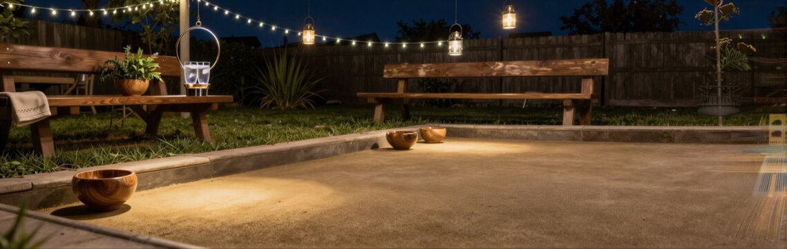 Backyard bocce court illuminated by string lights at night