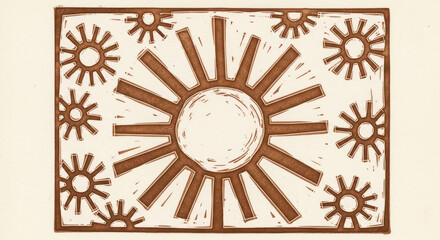 Obraz premium Linocut Print of a Sun with Radiating Rays and Smaller Suns.