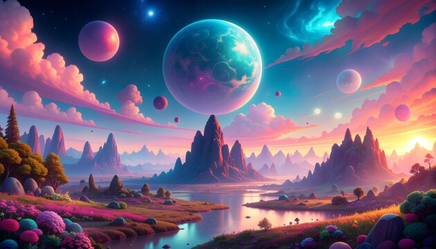 Cosmic fantasy planets and objects float serenely above a vibrant, cartoon landscape.