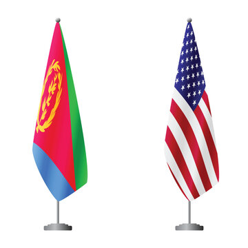 Eritrea and United States flags on flagpoles for official ceremonies and meetings, transparent background vector