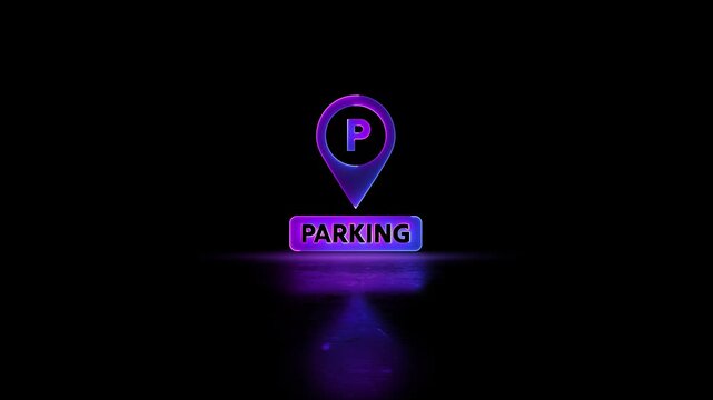 Neon glowing Parking Icon Pin Marker video animation on black background. Parking location, icon of parking location animation. Neon car, cycle, truck, motorcycle, zeep parking sign video animation.