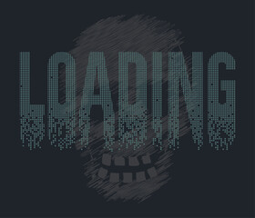 Loading Text Graphic with Halftone Pixel Dissolve Effect over Scribble Skull Illustration © MdAbir