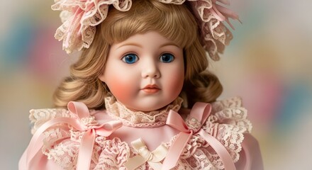Fototapeta premium Antique porcelain doll with blue eyes and blonde curls, wearing a pink lace dress.