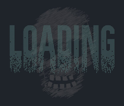 Loading Text Graphic with Halftone Pixel Dissolve Effect over Scribble Skull Illustration