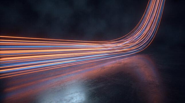 Dynamic light trails curving across a dark, reflective floor, creating a futuristic path of illuminated data flow.