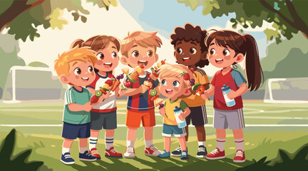Diverse Kids Soccer Team Celebrating Victory with Snacks & Water on Field © Mucher