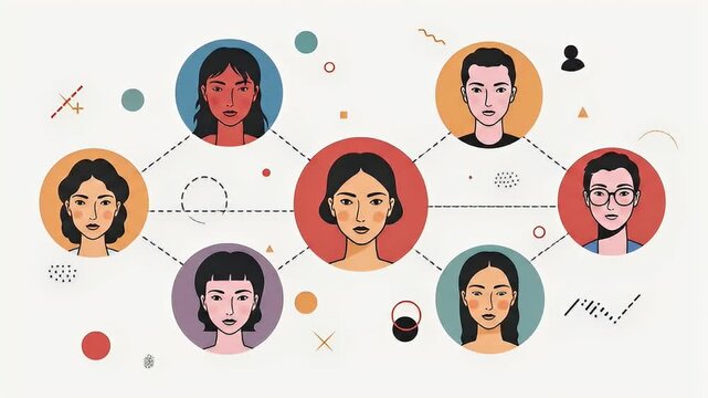 People connected in circles with dashed lines in network, flat, simple