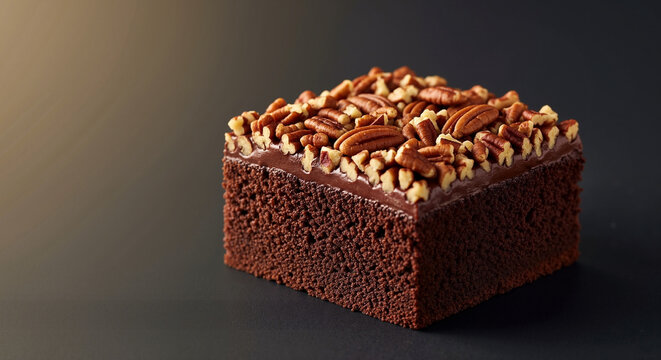 Delicious pecan-topped chocolate sheet cake with crumbly texture, close-up for advertising social media banner website marketing and commercial editorial use