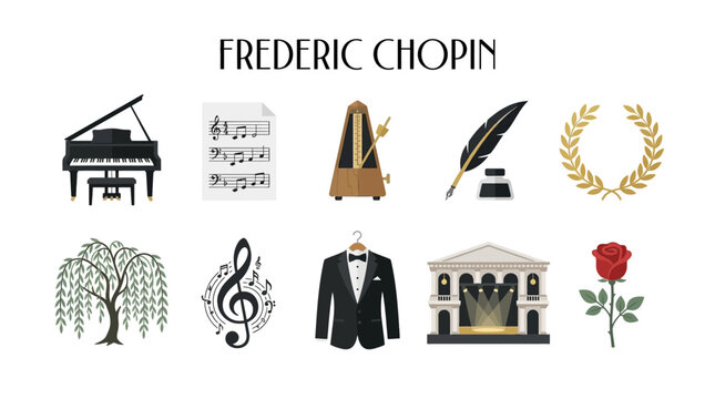 Frederic Chopin Icons Collection: Piano Music Metronome Quill Laurel Wreath Willow Tree G Clef Tuxedo Concert Hall Rose.