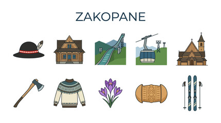 Zakopane Travel Icons Set Featuring Tatra Mountains Attractions and Culture. © zyaa