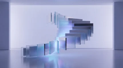 Fototapete Kunst Abstract spiral staircase formed by clear, rectangular glass plates in a minimalist modern room with soft blue lighting.  © Talia